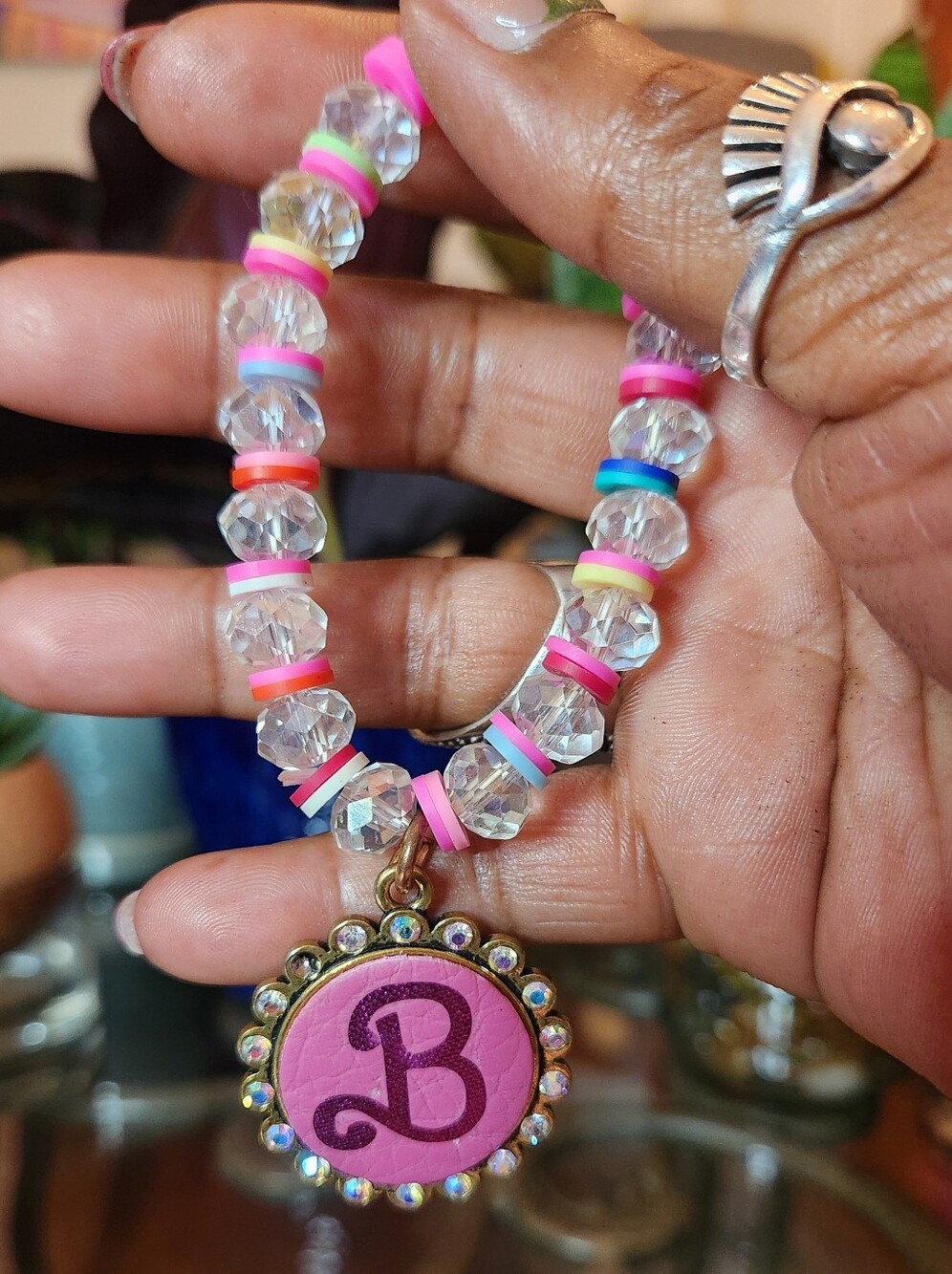 Pink Initial 'Barbie' Beaded Charm Bracelet